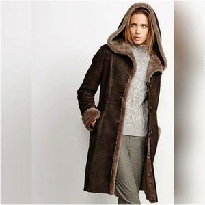 Danier Genuine Leather Shearling Coat Size XS Brown Hood